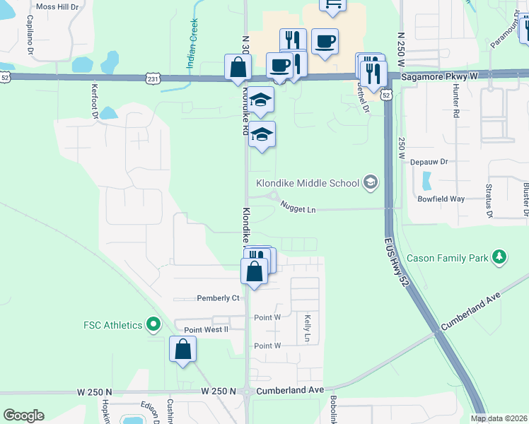 map of restaurants, bars, coffee shops, grocery stores, and more near 3131 Klondike Road in West Lafayette