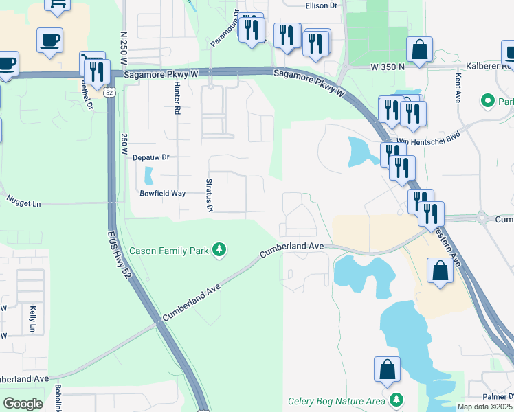 map of restaurants, bars, coffee shops, grocery stores, and more near 3050 Bluster Court in West Lafayette