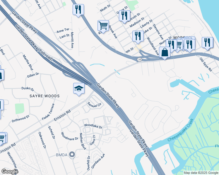 map of restaurants, bars, coffee shops, grocery stores, and more near 605 Sunshine Court in Sayreville