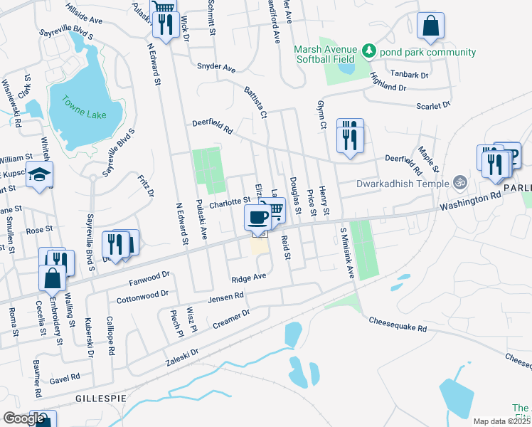map of restaurants, bars, coffee shops, grocery stores, and more near 16 Elizabeth Street in Sayreville