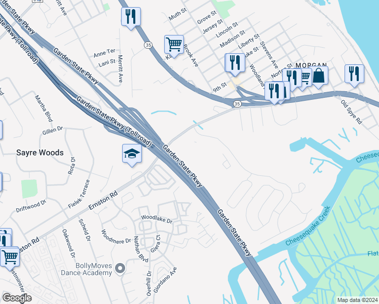 map of restaurants, bars, coffee shops, grocery stores, and more near 715 Sunshine Court in Sayreville