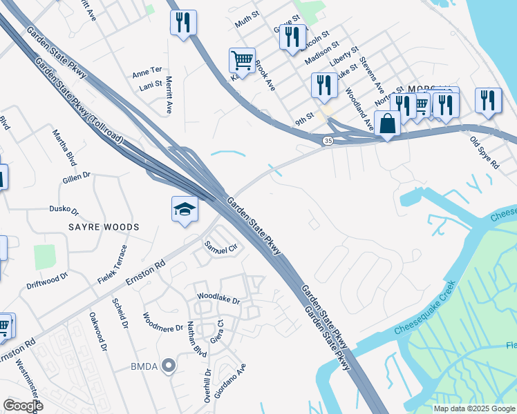 map of restaurants, bars, coffee shops, grocery stores, and more near 715 Sunshine Court in Sayreville