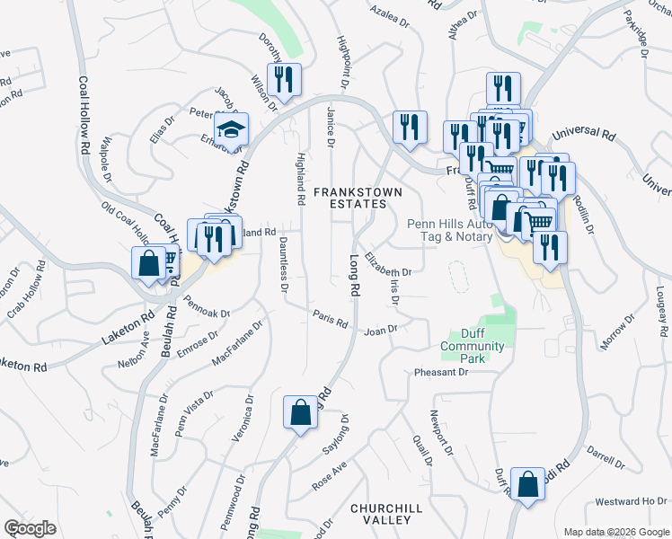 map of restaurants, bars, coffee shops, grocery stores, and more near 316 Long Road in Pittsburgh