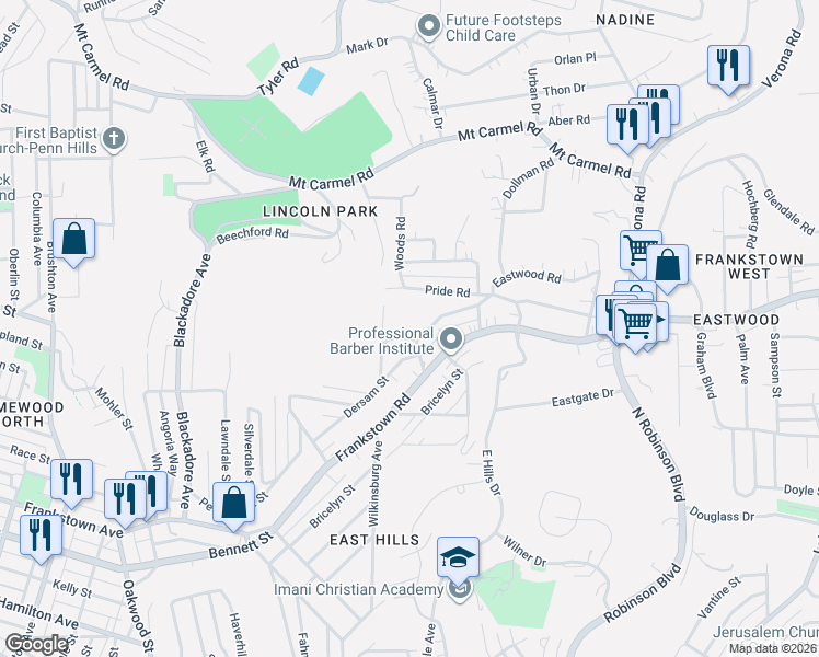 map of restaurants, bars, coffee shops, grocery stores, and more near 8531 Westwood Road in Pittsburgh