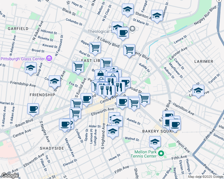map of restaurants, bars, coffee shops, grocery stores, and more near 6002 Penn Avenue in Pittsburgh