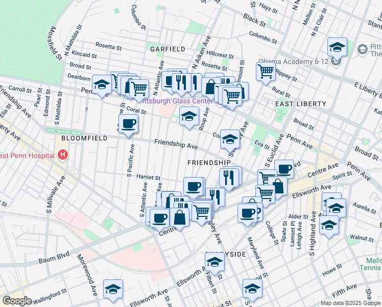 map of restaurants, bars, coffee shops, grocery stores, and more near 307 Roup Avenue in Pittsburgh