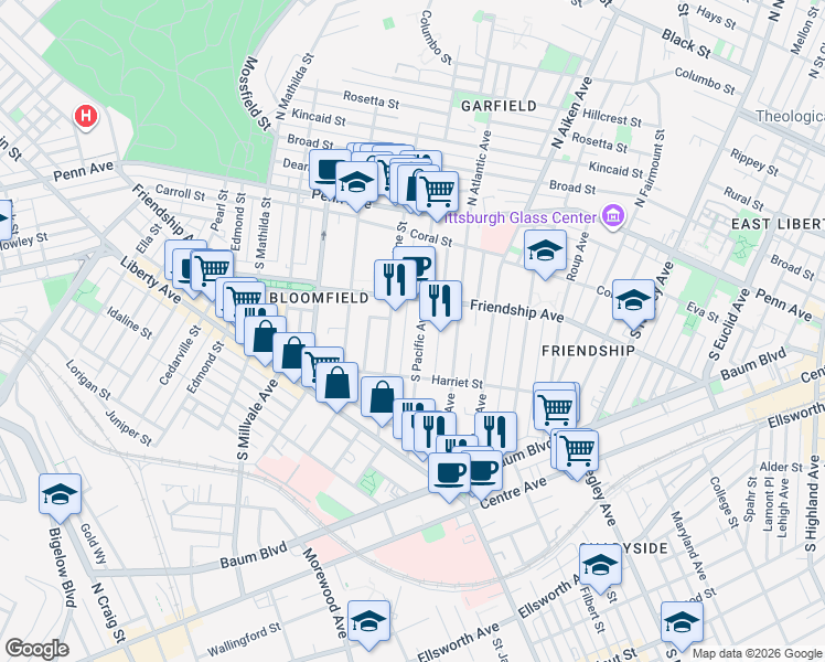 map of restaurants, bars, coffee shops, grocery stores, and more near 332 South Pacific Avenue in Pittsburgh