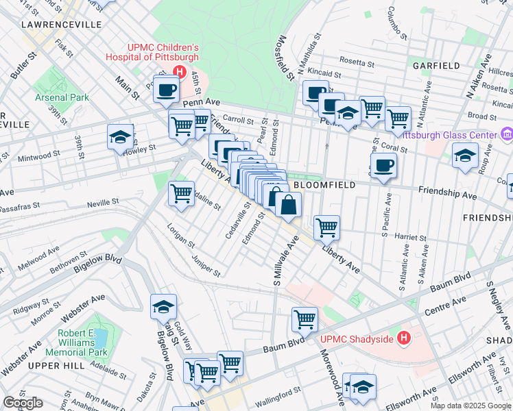 map of restaurants, bars, coffee shops, grocery stores, and more near 4750 Liberty Avenue in Pittsburgh