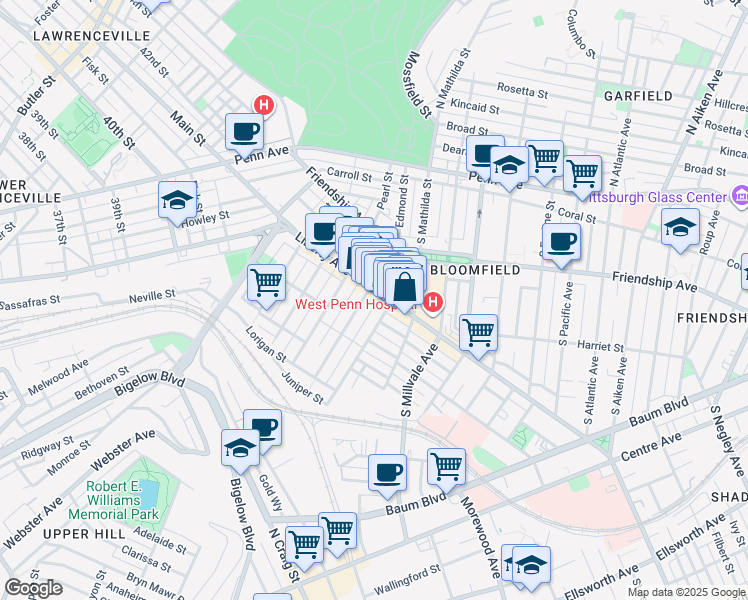 map of restaurants, bars, coffee shops, grocery stores, and more near 4750 Liberty Avenue in Pittsburgh
