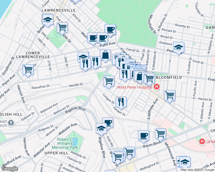 map of restaurants, bars, coffee shops, grocery stores, and more near 425 Orwell Way in Pittsburgh