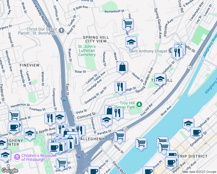 map of restaurants, bars, coffee shops, grocery stores, and more near in Pittsburgh