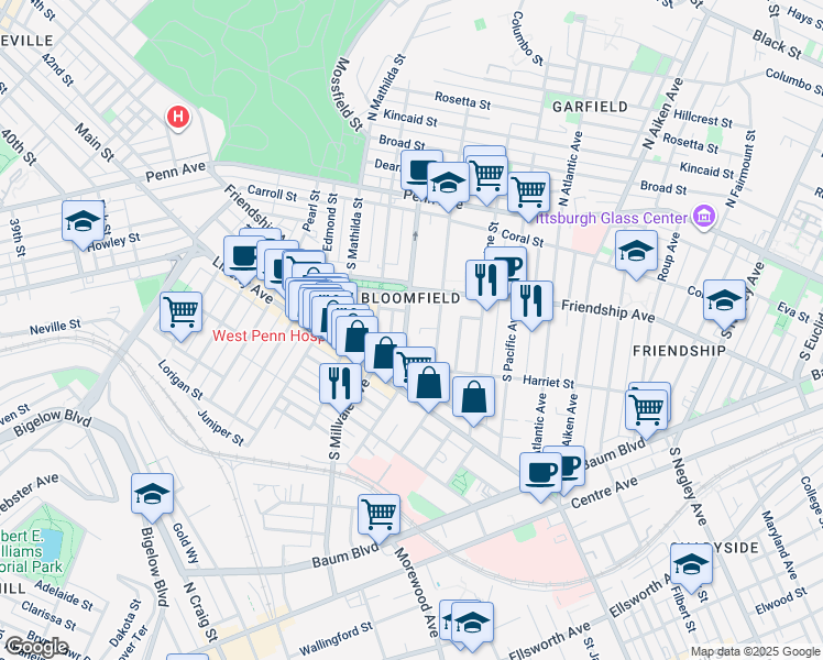 map of restaurants, bars, coffee shops, grocery stores, and more near 341 Gross Street in Pittsburgh