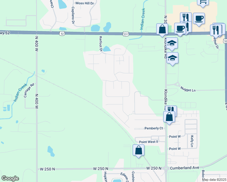 map of restaurants, bars, coffee shops, grocery stores, and more near 2867 Katmai Court in West Lafayette