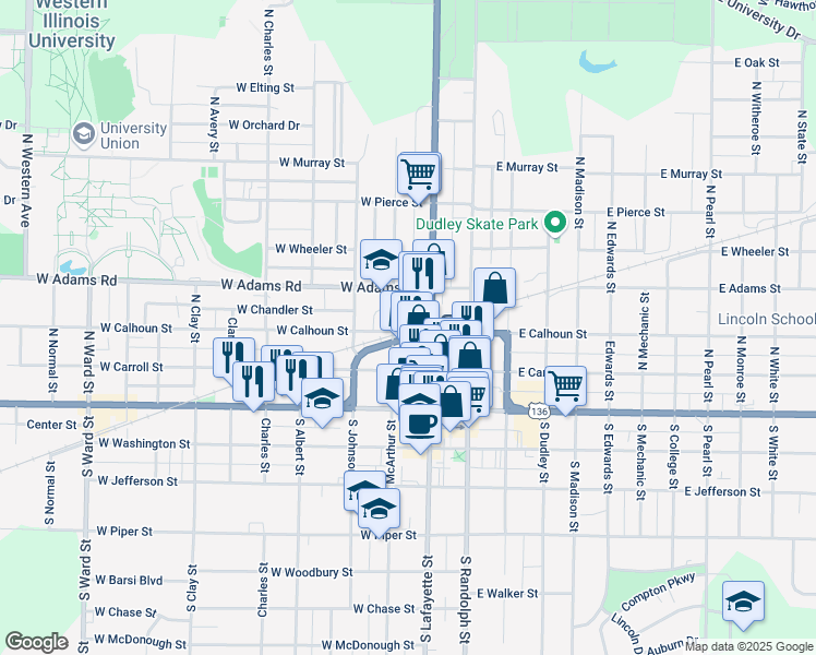 map of restaurants, bars, coffee shops, grocery stores, and more near 122 West Calhoun Street in Macomb