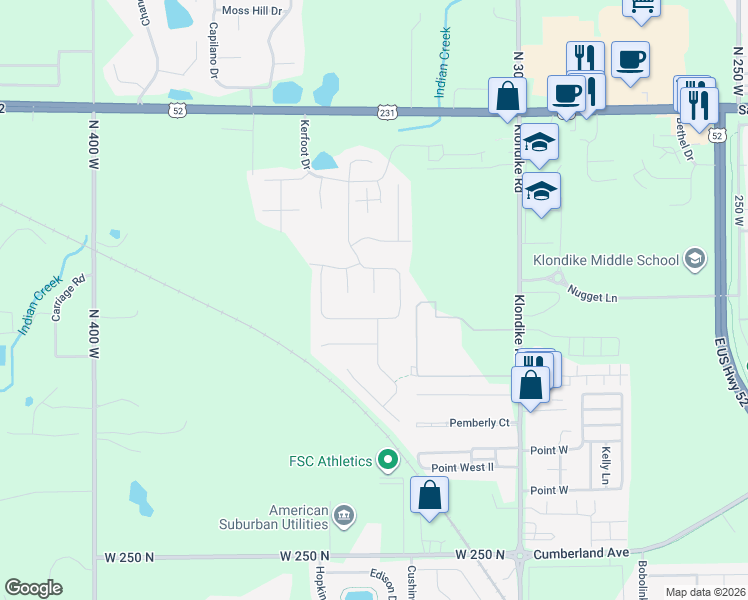 map of restaurants, bars, coffee shops, grocery stores, and more near 2865 Biscayne Court in West Lafayette