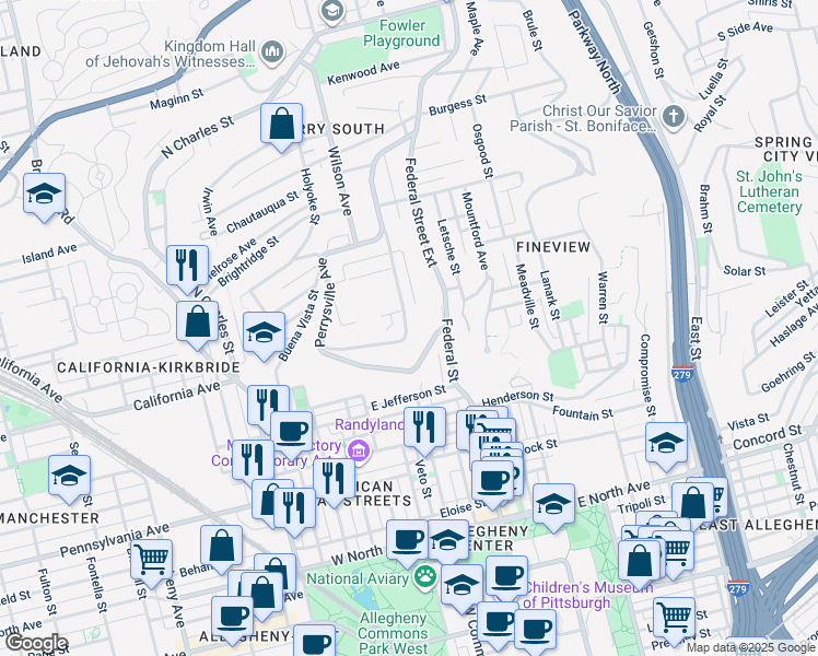 map of restaurants, bars, coffee shops, grocery stores, and more near 1880 Clayton Ave in Pittsburgh