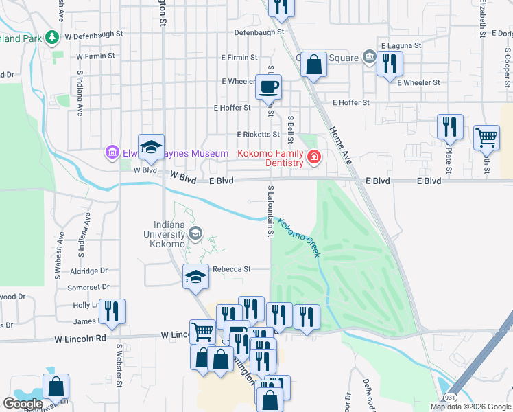 map of restaurants, bars, coffee shops, grocery stores, and more near 303 Edgewater Lane in Kokomo
