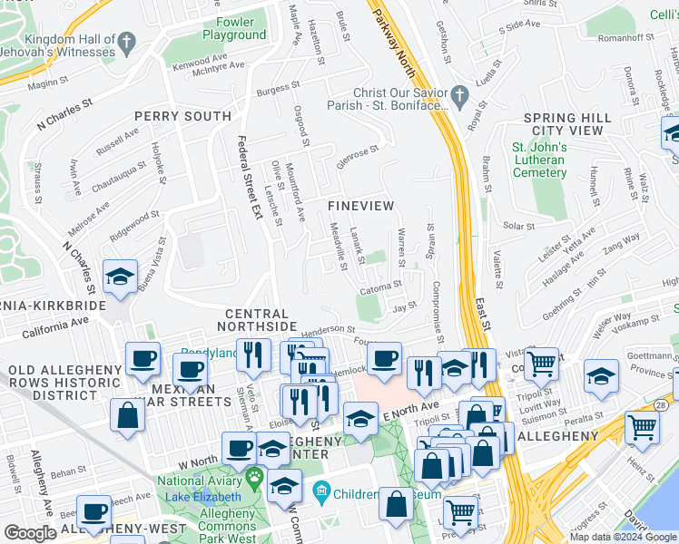map of restaurants, bars, coffee shops, grocery stores, and more near 1623 Catoma Street in Pittsburgh