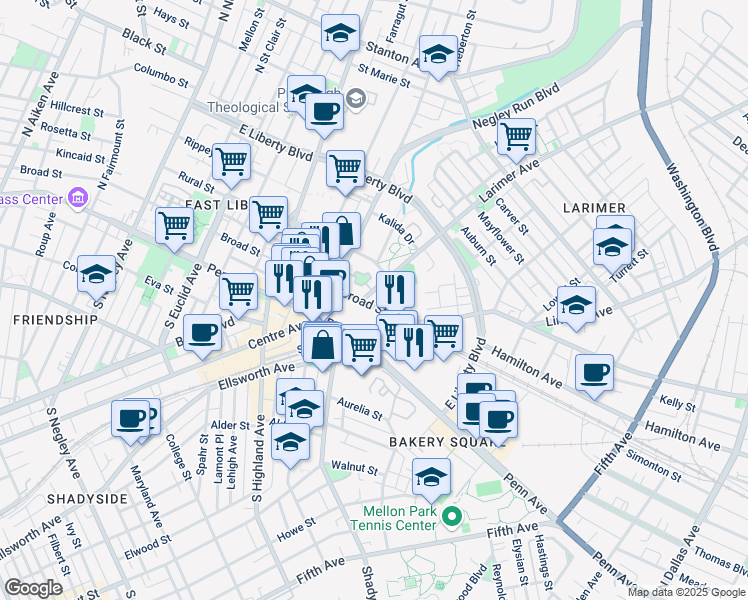 map of restaurants, bars, coffee shops, grocery stores, and more near 6247 Broad Street in Pittsburgh