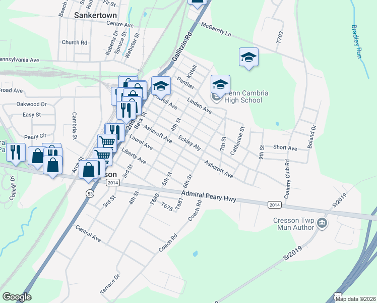 map of restaurants, bars, coffee shops, grocery stores, and more near 527 Ashcroft Avenue in Cresson