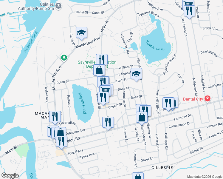 map of restaurants, bars, coffee shops, grocery stores, and more near 25 Dane Street in Sayreville