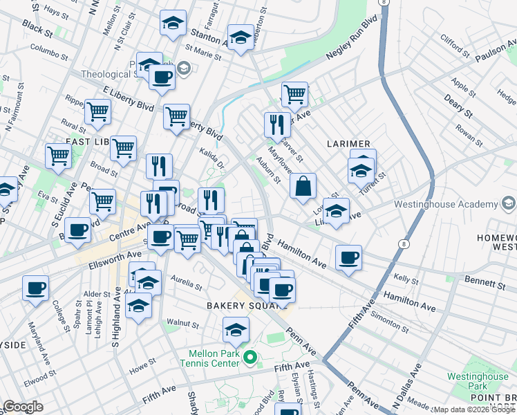 map of restaurants, bars, coffee shops, grocery stores, and more near 308 Enright Court in Pittsburgh