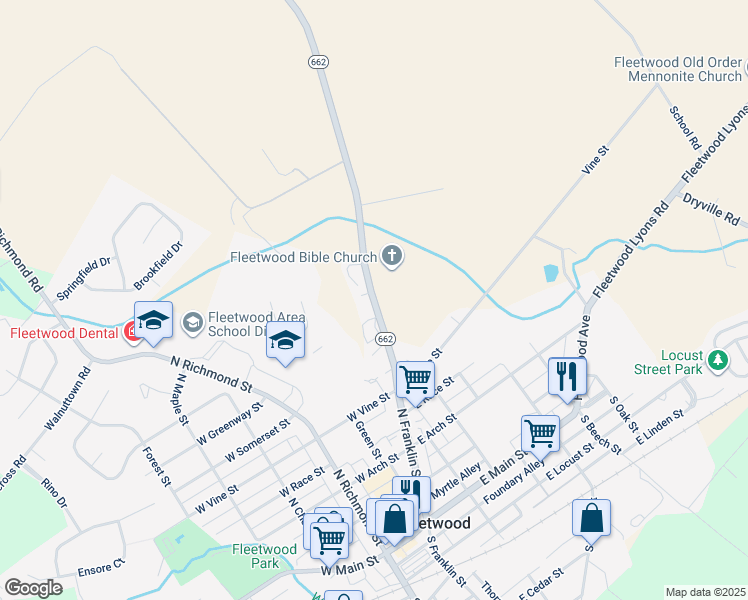 map of restaurants, bars, coffee shops, grocery stores, and more near 2810 Moselem Spring Road in Fleetwood