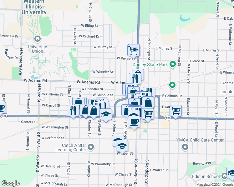 map of restaurants, bars, coffee shops, grocery stores, and more near 301 North Johnson Street in Macomb