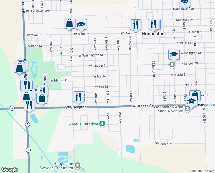 map of restaurants, bars, coffee shops, grocery stores, and more near 700 South 3rd Avenue in Hoopeston