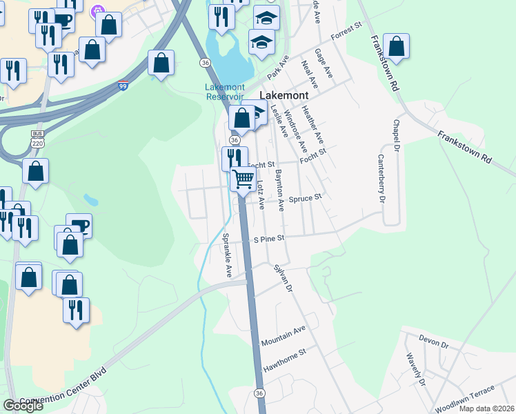 map of restaurants, bars, coffee shops, grocery stores, and more near 500 Lotz Avenue in Altoona