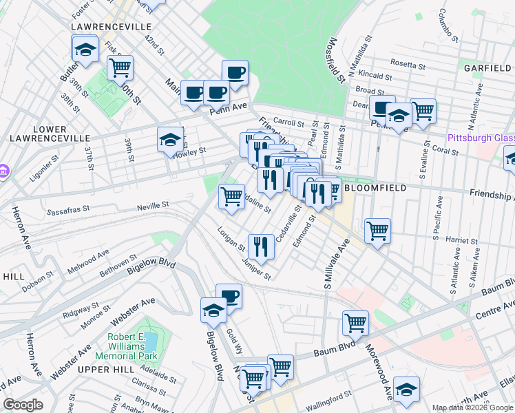 map of restaurants, bars, coffee shops, grocery stores, and more near 405 Sapphire Way in Pittsburgh