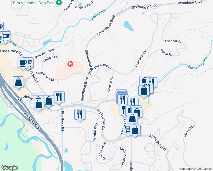 map of restaurants, bars, coffee shops, grocery stores, and more near 1945 Cornice Road in Steamboat Springs