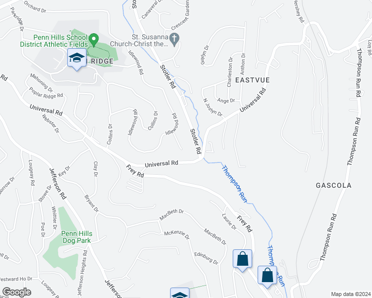 map of restaurants, bars, coffee shops, grocery stores, and more near 139 Dogwood Drive in Penn Hills