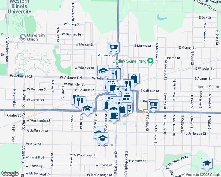 map of restaurants, bars, coffee shops, grocery stores, and more near 2 West Calhoun Street in Macomb