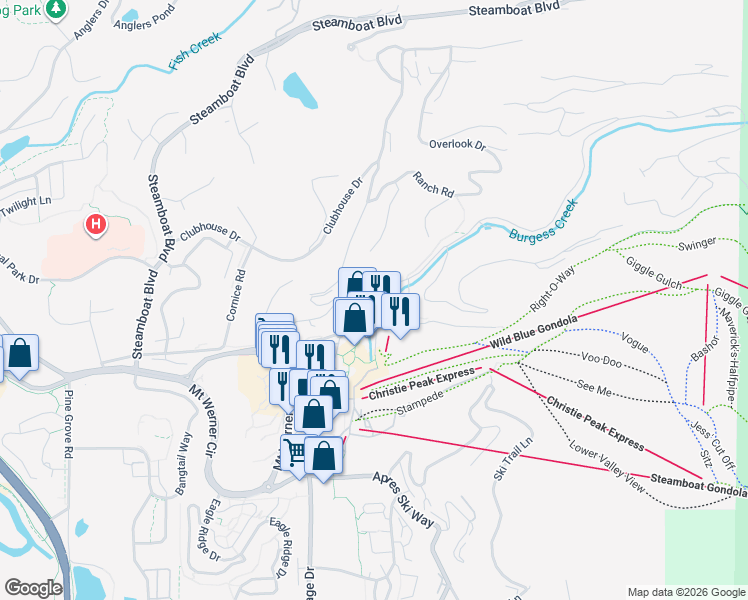 map of restaurants, bars, coffee shops, grocery stores, and more near 1920 Ski Time Square Drive in Steamboat Springs