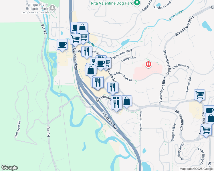 map of restaurants, bars, coffee shops, grocery stores, and more near 1915 Central Park Drive in Steamboat Springs