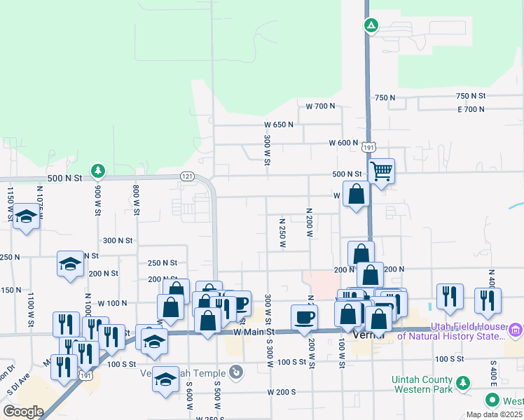 map of restaurants, bars, coffee shops, grocery stores, and more near 342 West 350 North in Vernal