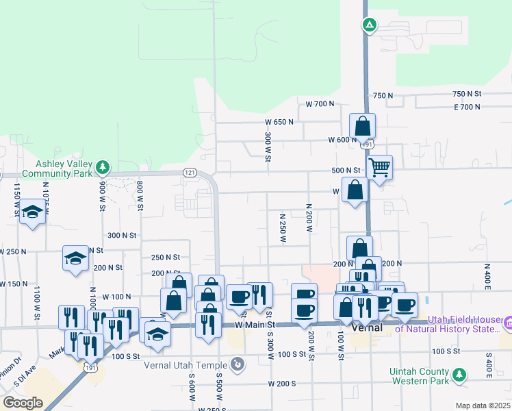 map of restaurants, bars, coffee shops, grocery stores, and more near 342 West 350 North in Vernal