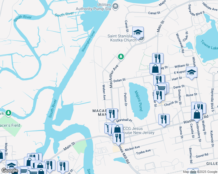 map of restaurants, bars, coffee shops, grocery stores, and more near 103 Macarthur Avenue in Sayreville