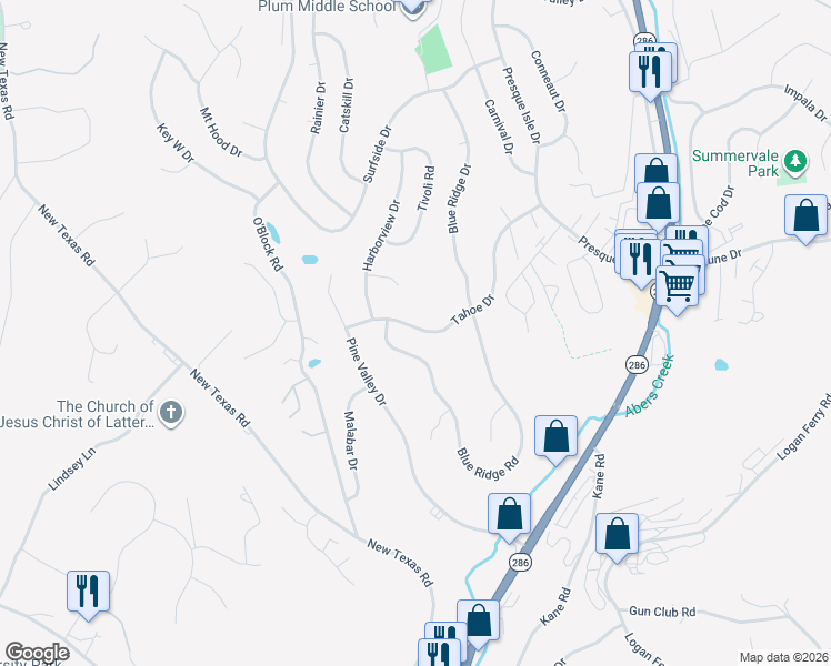 map of restaurants, bars, coffee shops, grocery stores, and more near 425 Tahoe Drive in Pittsburgh