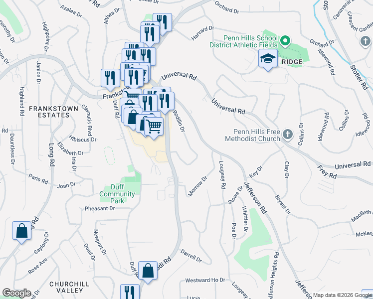 map of restaurants, bars, coffee shops, grocery stores, and more near 127 Marlow Drive in Pittsburgh