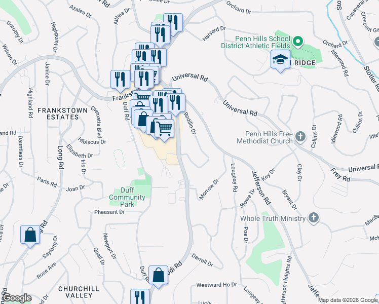 map of restaurants, bars, coffee shops, grocery stores, and more near 127 Marlow Drive in Pittsburgh