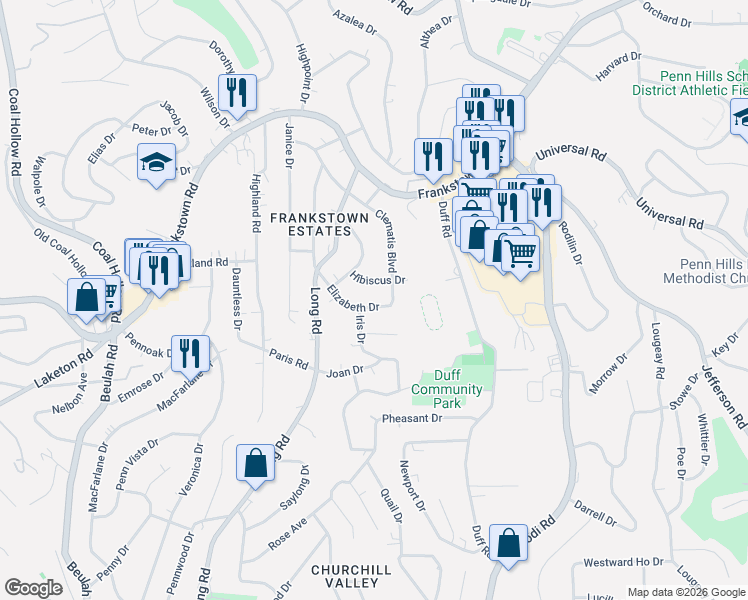 map of restaurants, bars, coffee shops, grocery stores, and more near 130 Elizabeth Drive in Pittsburgh