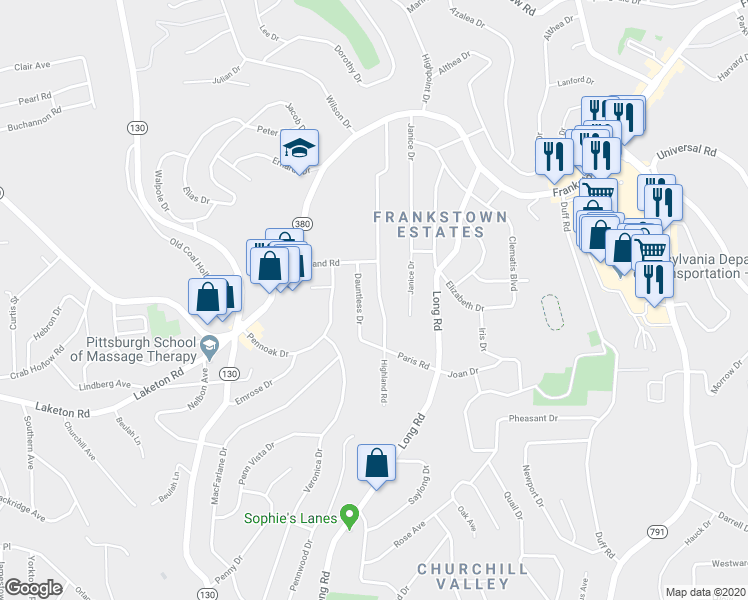 map of restaurants, bars, coffee shops, grocery stores, and more near 347 Highland Road in Pittsburgh