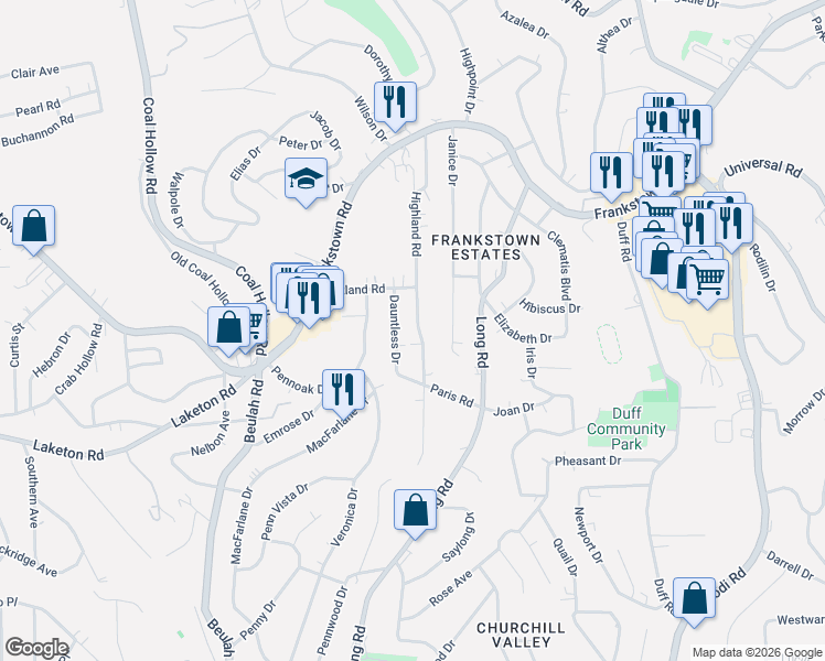 map of restaurants, bars, coffee shops, grocery stores, and more near 347 Highland Road in Pittsburgh