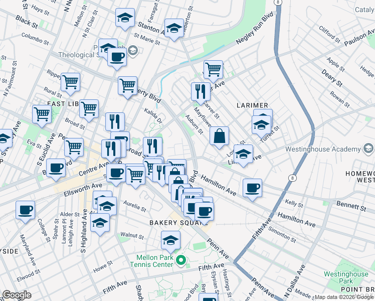 map of restaurants, bars, coffee shops, grocery stores, and more near 308 Enright Court in Pittsburgh