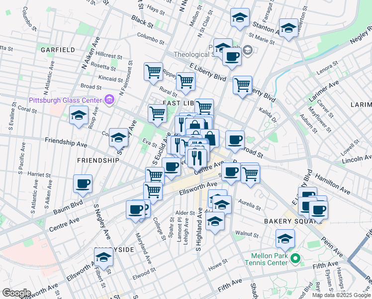map of restaurants, bars, coffee shops, grocery stores, and more near 5940 Baum Square in Pittsburgh