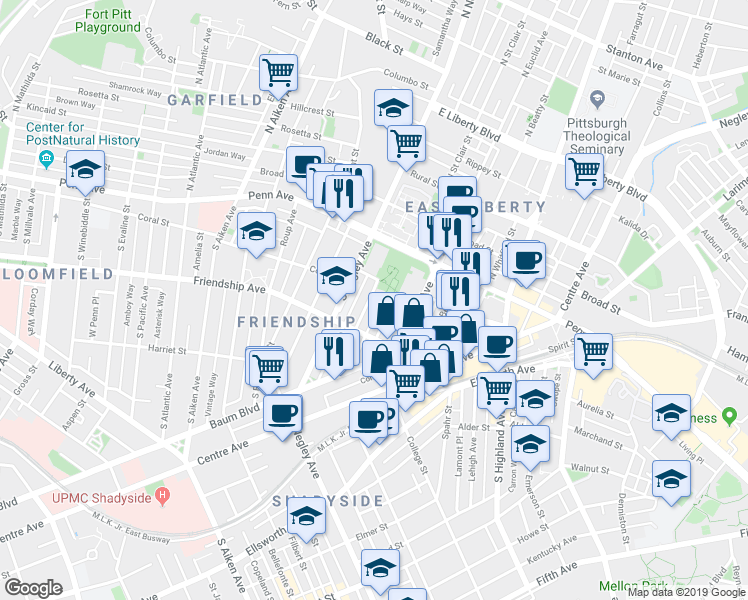 map of restaurants, bars, coffee shops, grocery stores, and more near 225 Amber Street in Pittsburgh