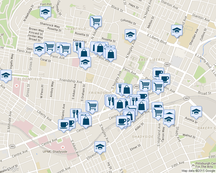 map of restaurants, bars, coffee shops, grocery stores, and more near in Pittsburgh