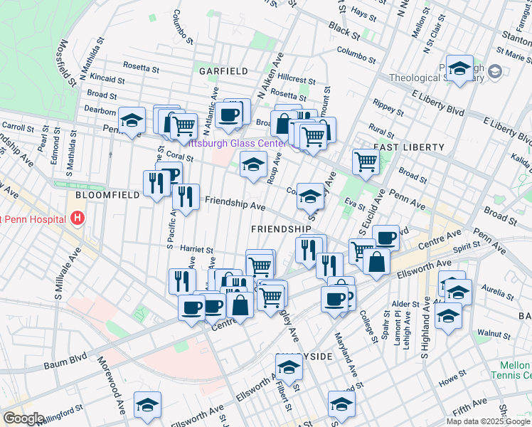 map of restaurants, bars, coffee shops, grocery stores, and more near 307 Roup Avenue in Pittsburgh